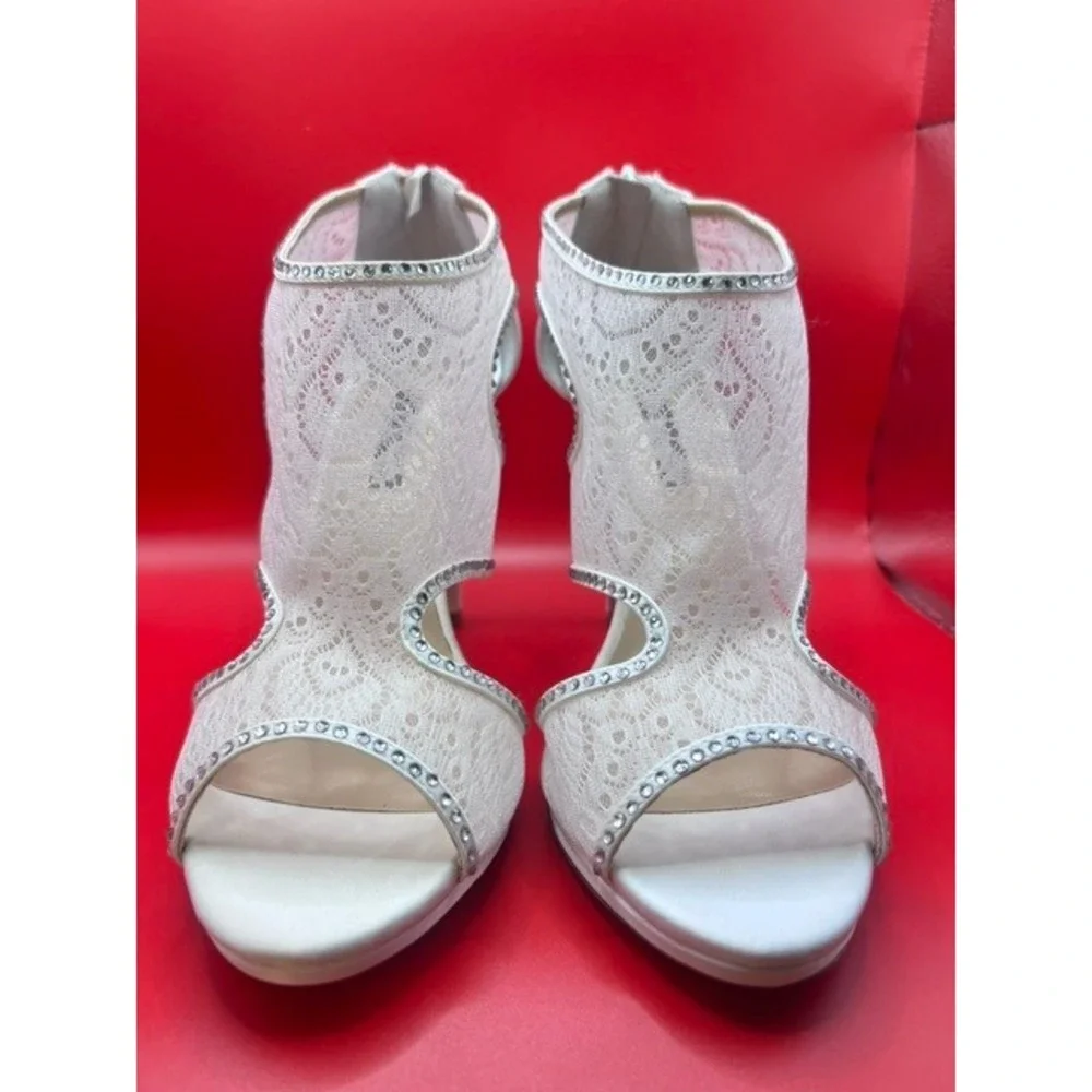 VTG Caparros White Lace Peep Toe Rhinestone Stiletto Heels Bridal Wedding 9.5